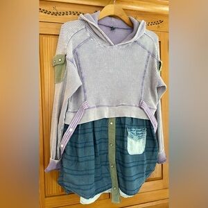 Women’s UPcycled chambray dress Shirt waffle knit hoodie rescued Sanctuary top L